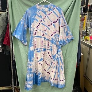 100% Cotton Blue and Purple Tie-Dye Dress Bell Sleeve w/ pickets Size Medium